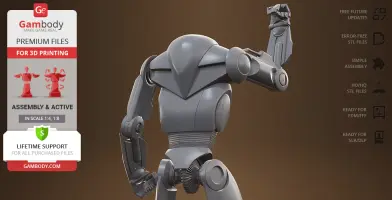 A 3D model of a robotic figure with angular features, raised arm, featuring detailed mechanical joints.
