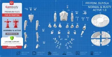 Blueprint with 3D printable parts for assembling a Super Battle Droid model, featuring various labeled pieces.