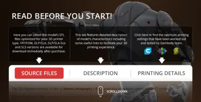 Partial view of a robot character with buttons for selecting 3D printing files, descriptions, and details.