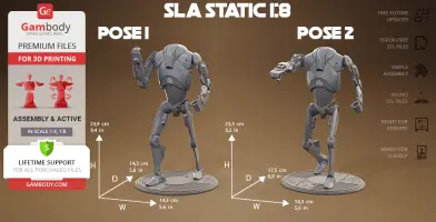 Two posed Super Battle Droid 3D models for printing, featuring detailed sci-fi design on bases.