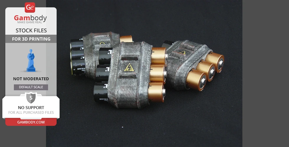 A 3D-printed Fallout laser pistol part with metallic and black accents, displayed for printing.