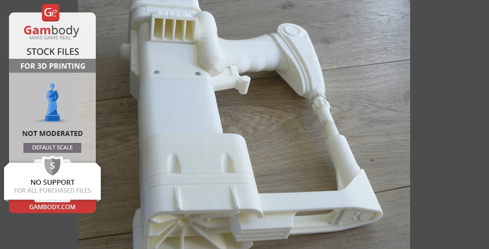3D printed Fallout laser pistol model, unpainted, on a wooden surface.