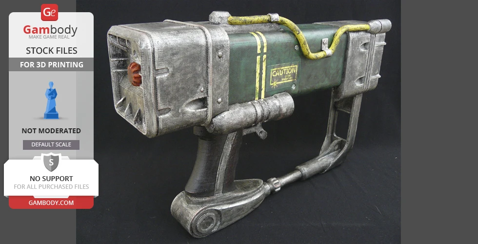 A detailed 3D model of a vintage sci-fi laser pistol, with a weathered metal finish and caution label.
