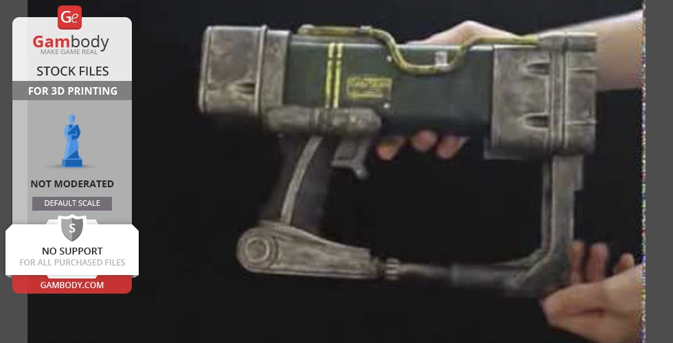 A hand holding a detailed model of a Fallout Lazer Pistol, designed for 3D printing by Gambody.