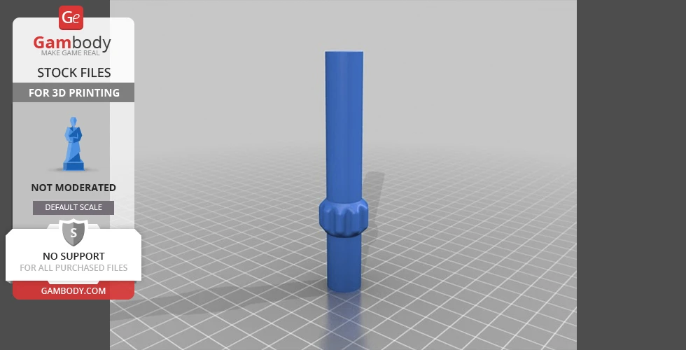 A blue 3D model of a cylindrical object with a textured middle section, set on a grid surface.