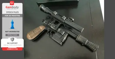 A detailed 3D model of a sci-fi blaster gun with a wood-textured grip and scope, displayed on a dark surface.