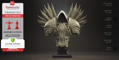 A detailed 3D bust of a hooded figure with ornate armor and large wings, designed for 3D printing.