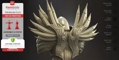 A detailed bust of Tyrael with intricate armor and wing-like structures for 3D printing.