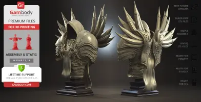 A detailed bust of a hooded figure with ornate armor and large, spiked wings, designed for 3D printing.