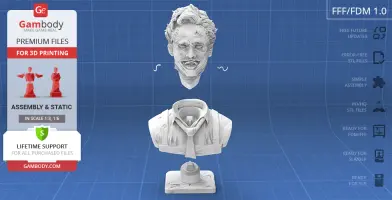 A 3D printable bust of a horror character with a detailed face and torso, displayed with printing specifications.
