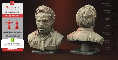 A detailed 3D bust model of a masked figure with curly hair, wearing a tie, shown from front and back views.