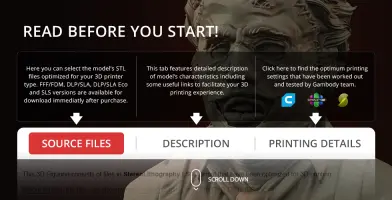 Bust of Leatherface with text about 3D printing STL files for different printer types.