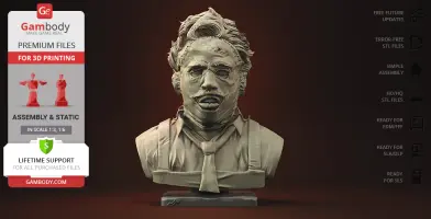 A detailed 3D bust model of Leatherface, wearing a mask and a collared shirt, intended for 3D printing.