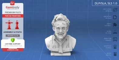 Bust of a menacing character with a stitched face, wearing a tie, on a textured background.