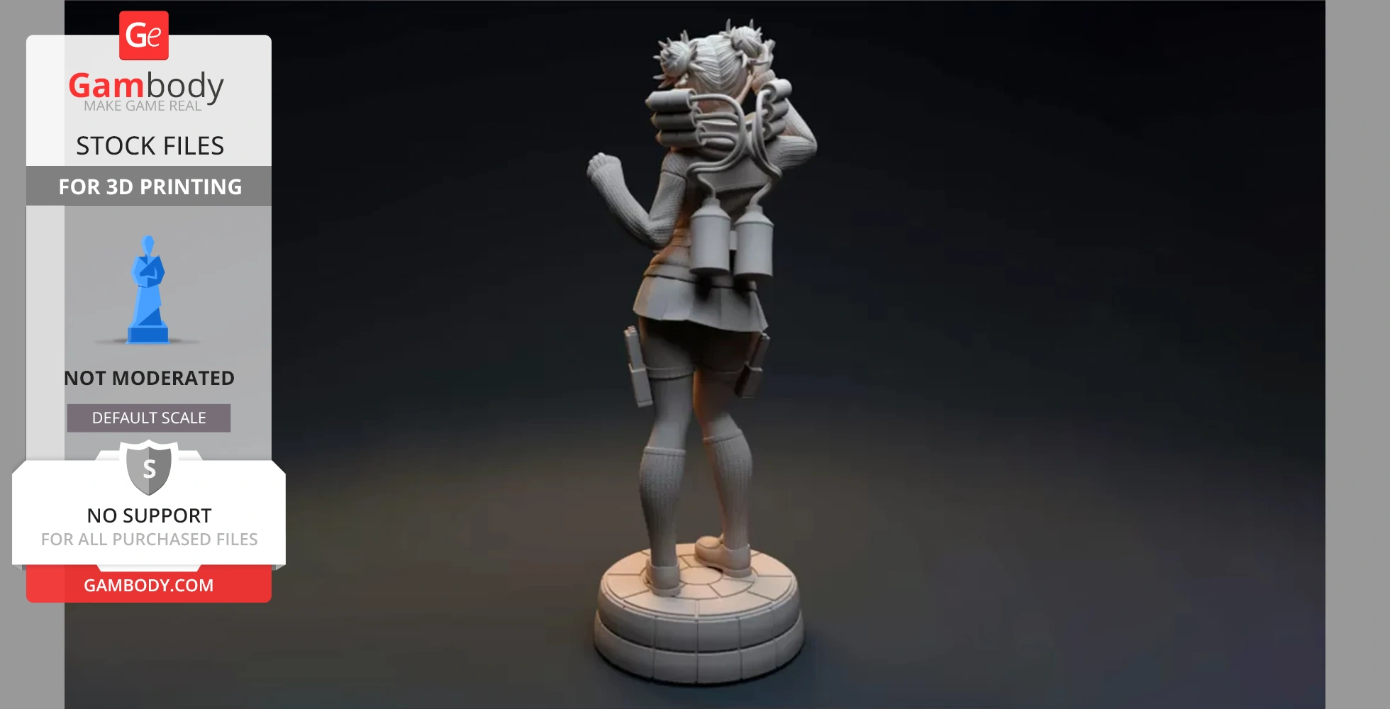3D model of a character with dual ponytails and a backpack, standing on a round base.