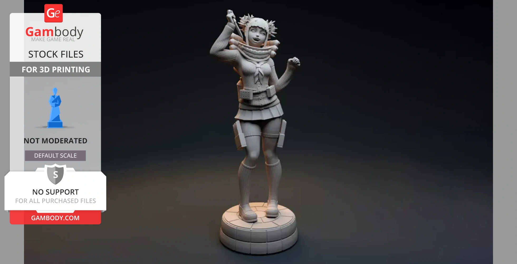 A 3D model of a figure in a dynamic pose, wearing a detailed outfit with tech gear, on a round base.