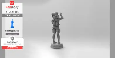 A 3D model of a two-headed character with spiky accessories and pockets, standing on a round base.