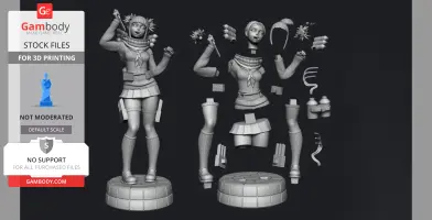 3D model of a two-headed character with assembled and exploded views, wearing a detailed outfit.