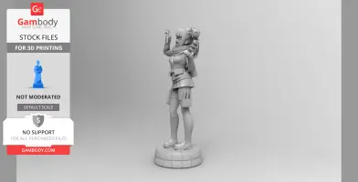 A detailed 3D model of a character with dual buns and accessories, standing on a round base, ready for 3D printing.