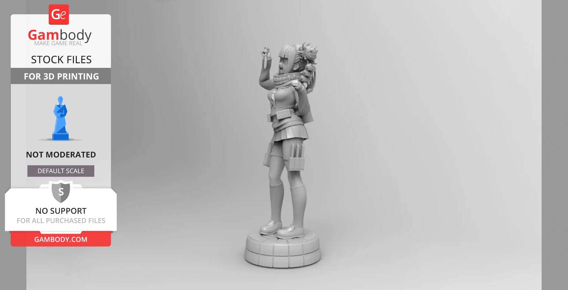 A detailed 3D model of a character with dual buns and accessories, standing on a round base, ready for 3D printing.