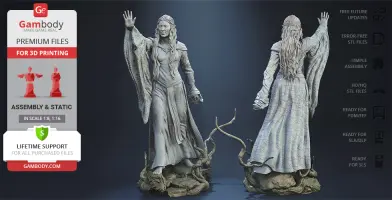 A detailed 3D model of a robed woman with flowing hair, standing on a textured base, shown in two views.