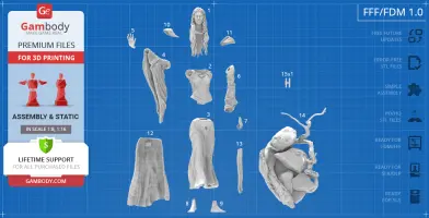 A 3D print layout of a character with labeled parts: head, torso, arms, robe, and decorative base.