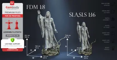 3D model of a robed woman with raised hand on a rocky base. Two scales shown: 1:8 and 1:16.