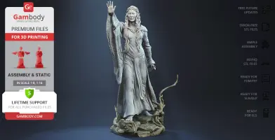 A detailed 3D model of a woman in a flowing gown, standing with one arm raised, on a decorative base.