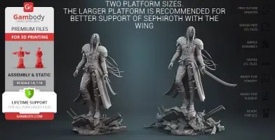 A detailed 3D model of Sephiroth from Final Fantasy 7, featuring two platform sizes for support.