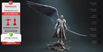 A 3D model of a long-haired character with a large wing and sword, standing on debris, intended for 3D printing.