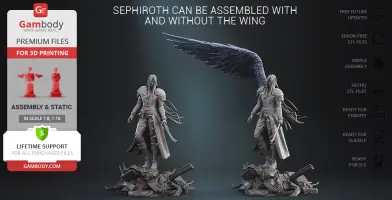 A 3D model of a warrior with a long coat, sword, and optional wing, standing on a rocky base.