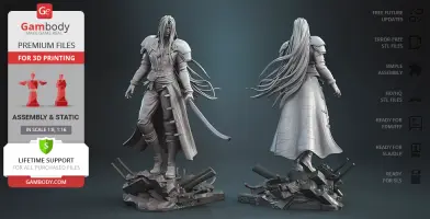 Two detailed 3D prints of a character with long hair, wielding a sword, standing on rubble.