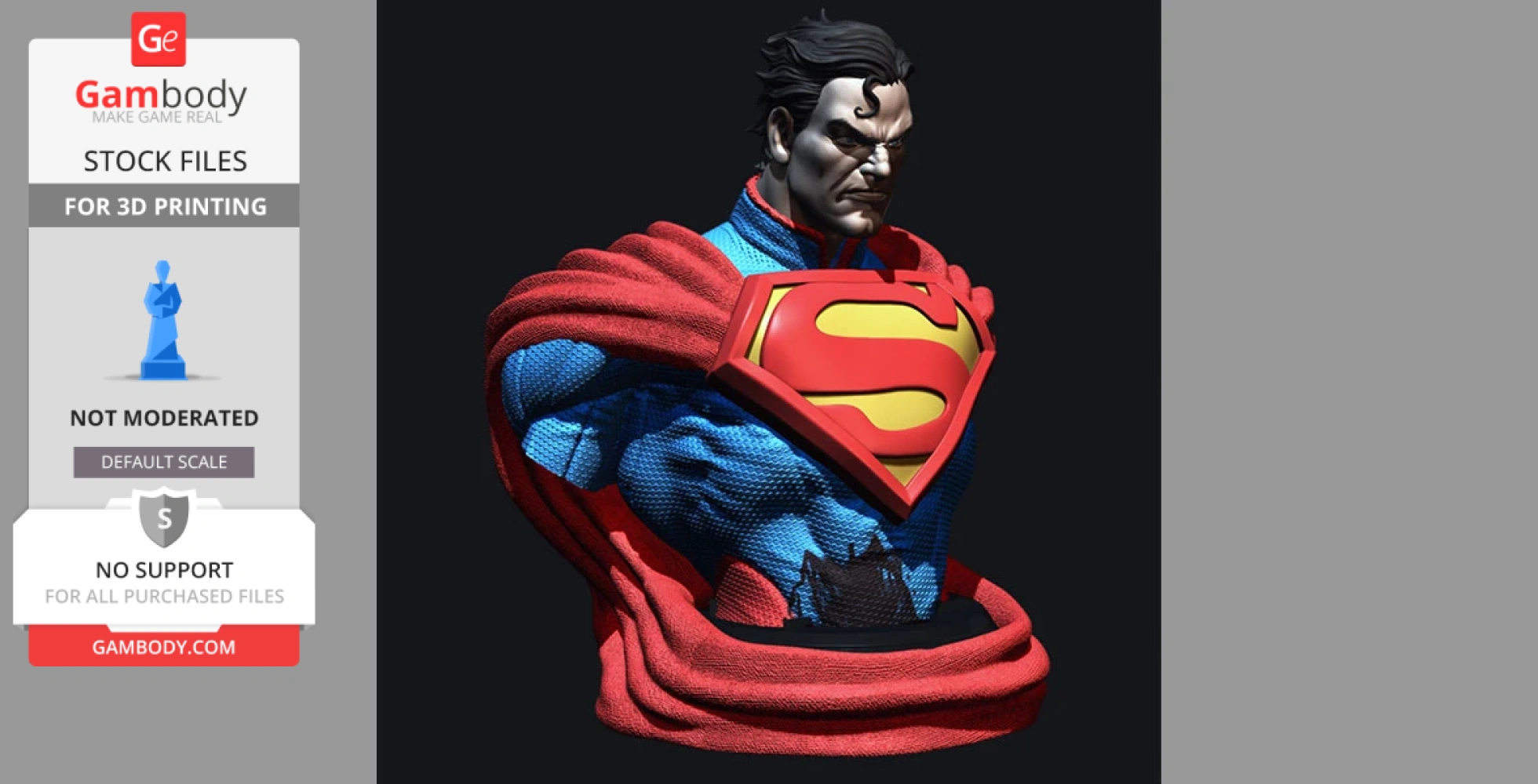 Superman bust in red and blue suit with emblem, intense expression, designed for 3D printing.