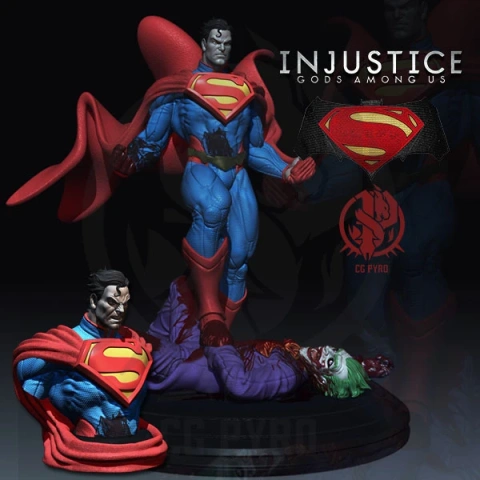 Superman stands over Joker's body in a dramatic diorama from DC Comics' Injustice storyline.