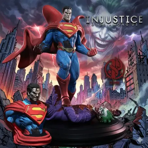 Superman stands over Joker's body in a dramatic diorama from DC Comics' Injustice storyline.
