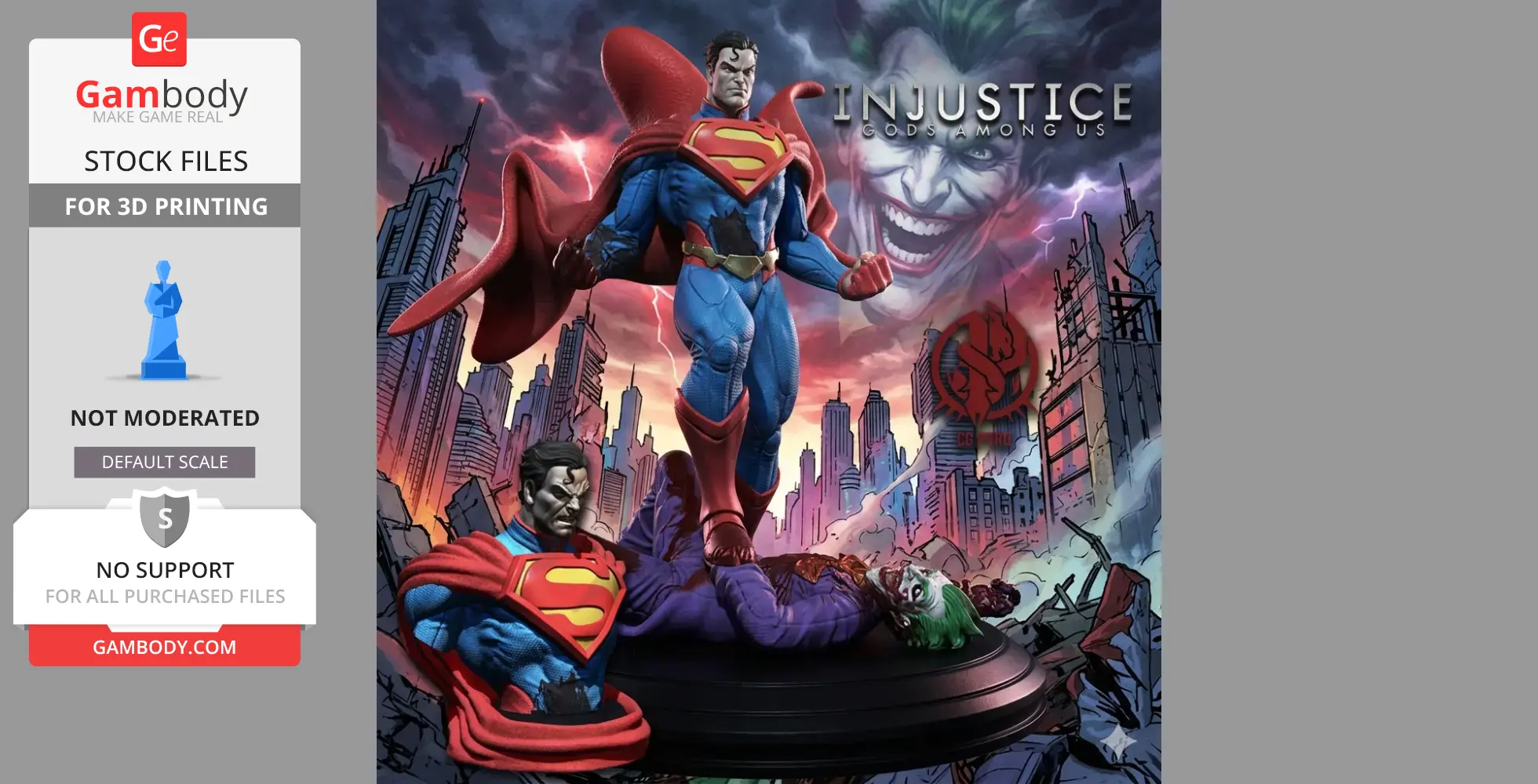 Superman stands over Joker in a dramatic cityscape, capturing a scene from DC Comics' Injustice.