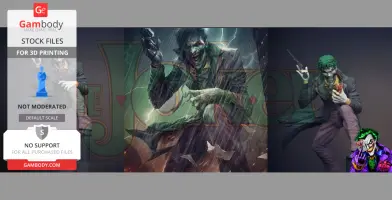 A 3D model depicts a sinister clown holding a weapon with a menacing grin amidst a dynamic, stormy scene.