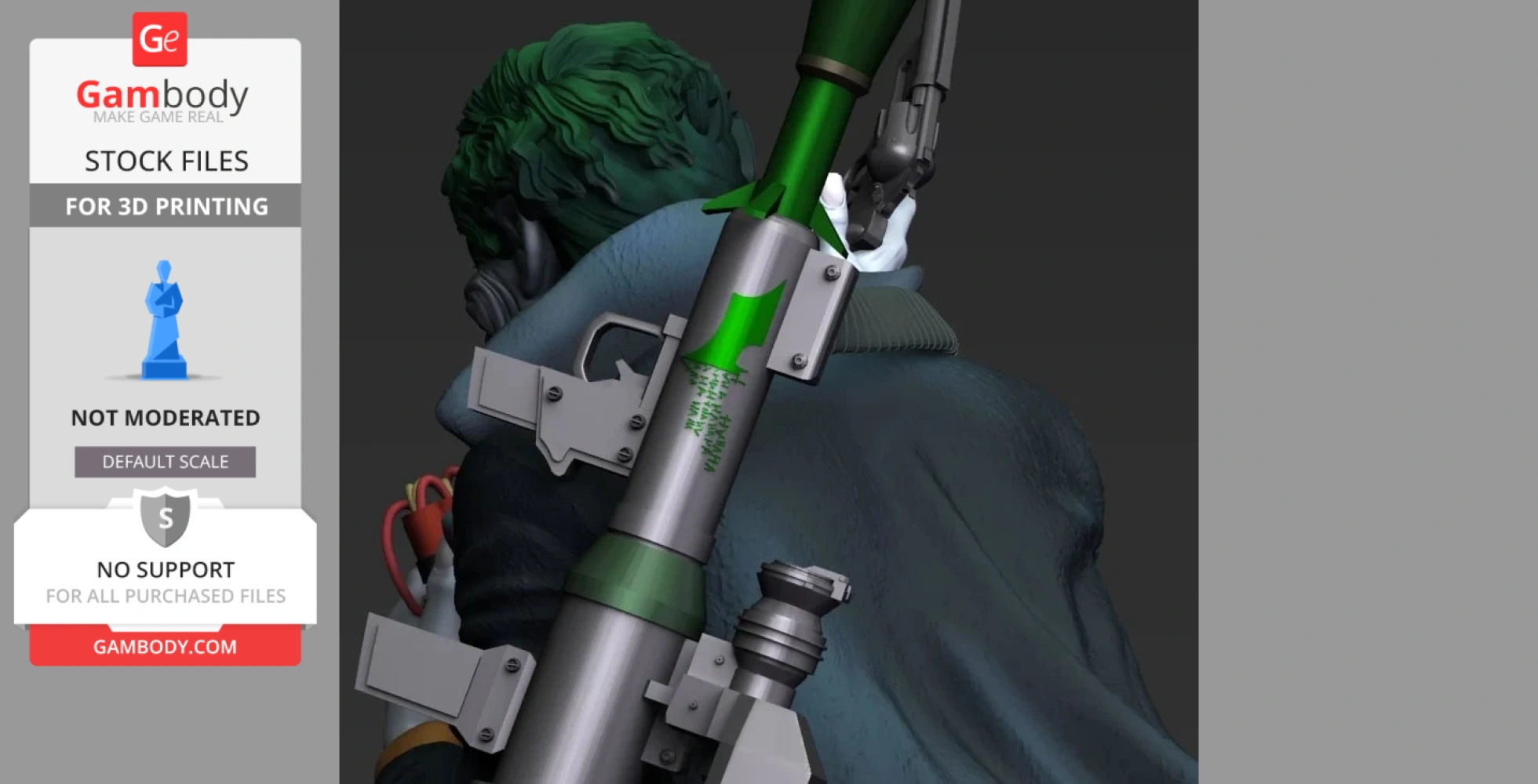A 3D model of a character holding a large weapon, with green accents, viewed from behind.