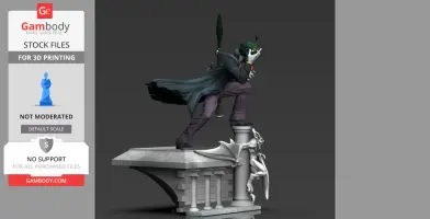 A 3D model of a joker figure holding a weapon, standing on a decorative stone pedestal.