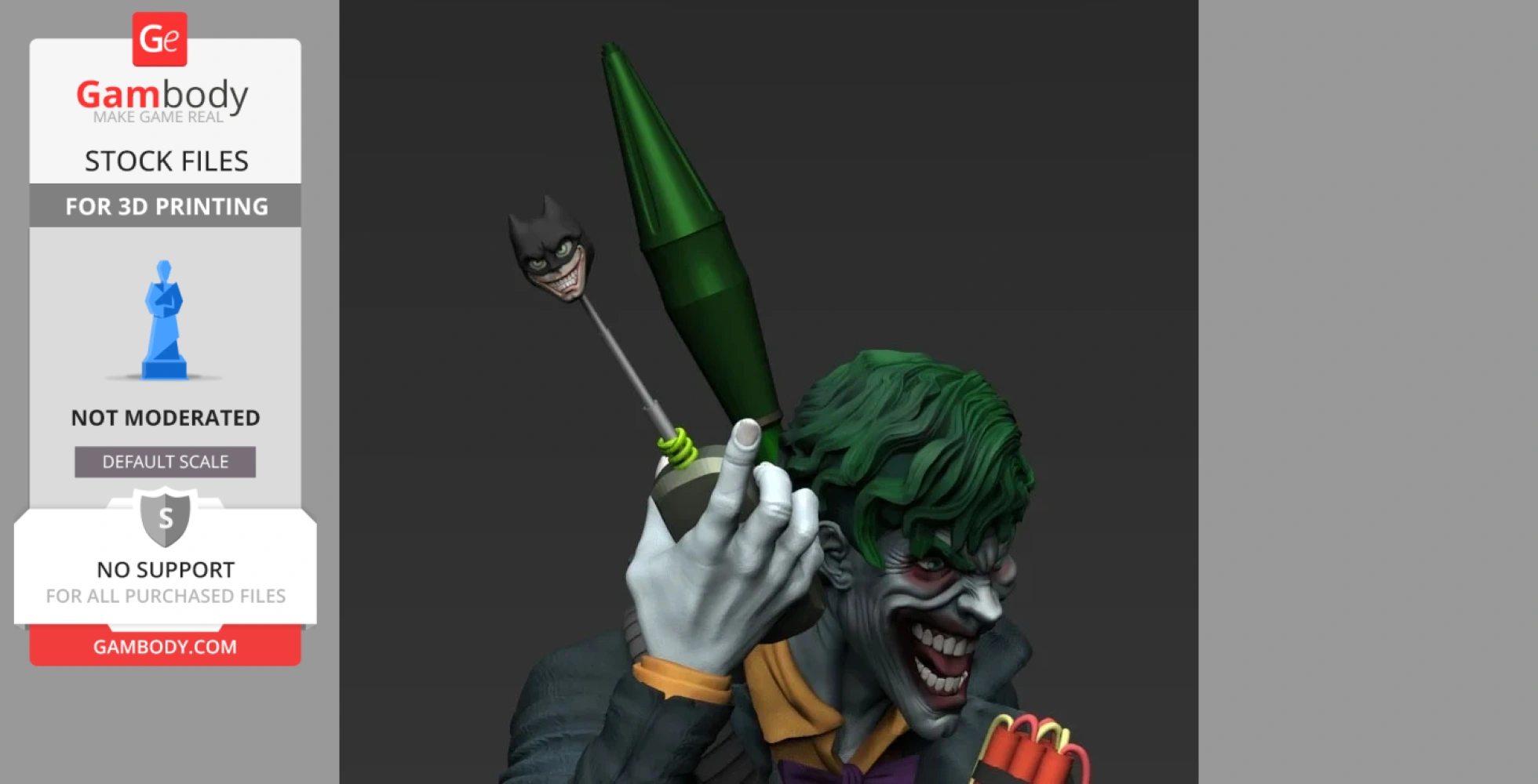 A sinister figure holding a large green rocket with a small, masked face at the tip, grinning widely.