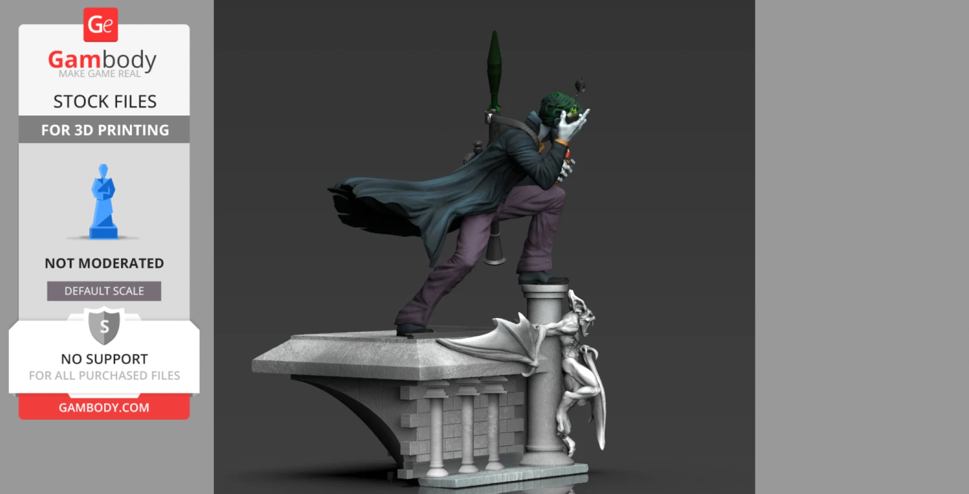 A 3D model of a joker figure holding a weapon, standing on a decorative stone pedestal.