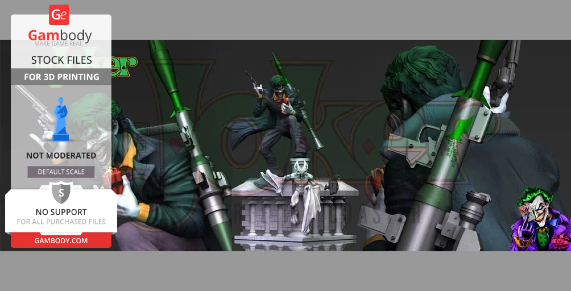 Joker 3D print model featuring him on a rooftop with weapons, in a dynamic pose beside a Batman statue.
