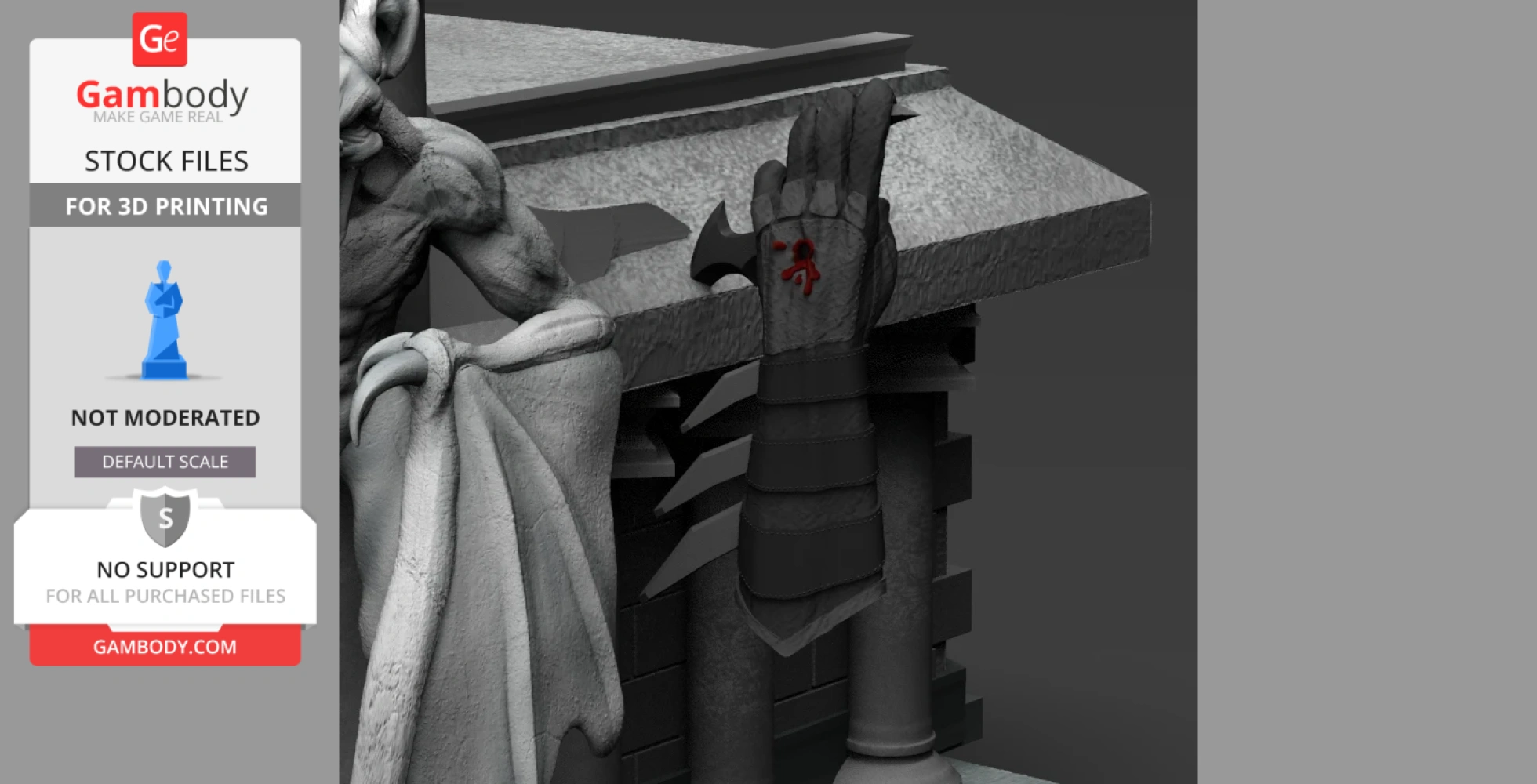 A stone gargoyle with a draped cloth and a gauntlet holding a card on a ledge.