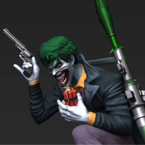 A grinning character with green hair holds a revolver and explosives, with a large weapon on their back.