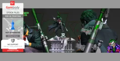 Joker 3D print model featuring him on a rooftop with weapons, in a dynamic pose beside a Batman statue.