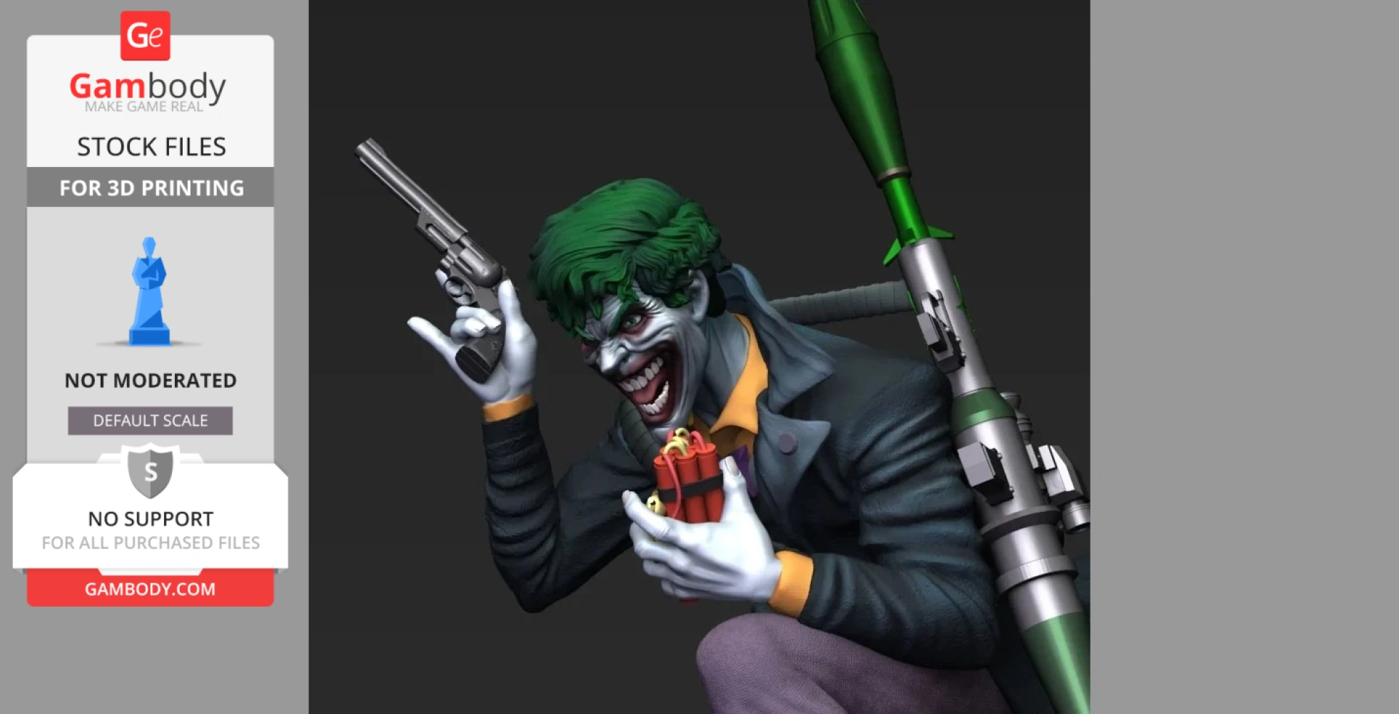 A grinning character with green hair holds a pistol and dynamite, wearing a dark coat, with a missile behind.