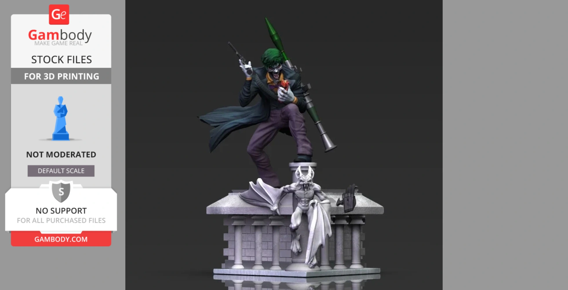 A villain in a dynamic pose with weapons on a decorative base, next to a small gargoyle figure.