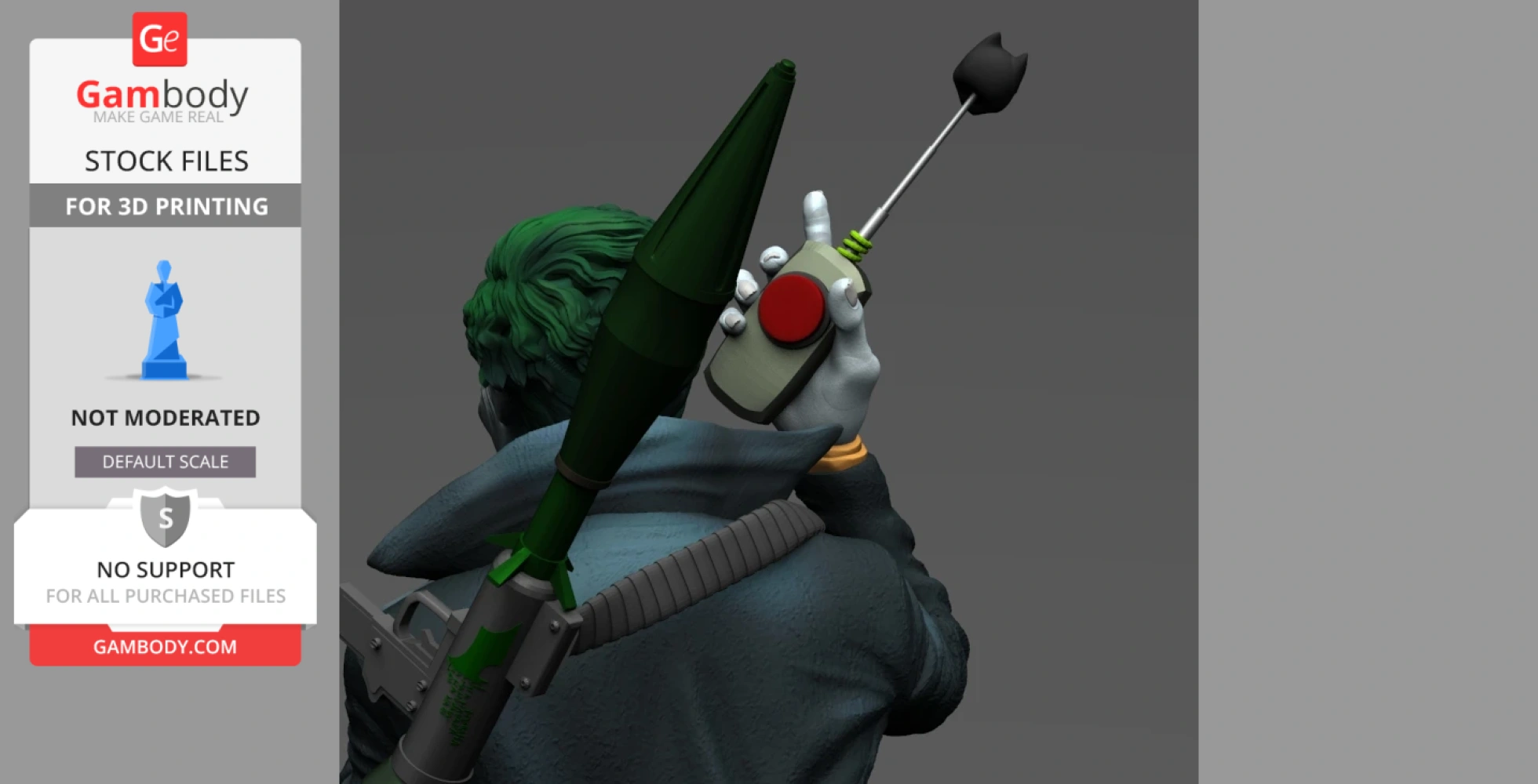 Villain with green hair holding a red button device, armed with a rocket launcher on shoulder.