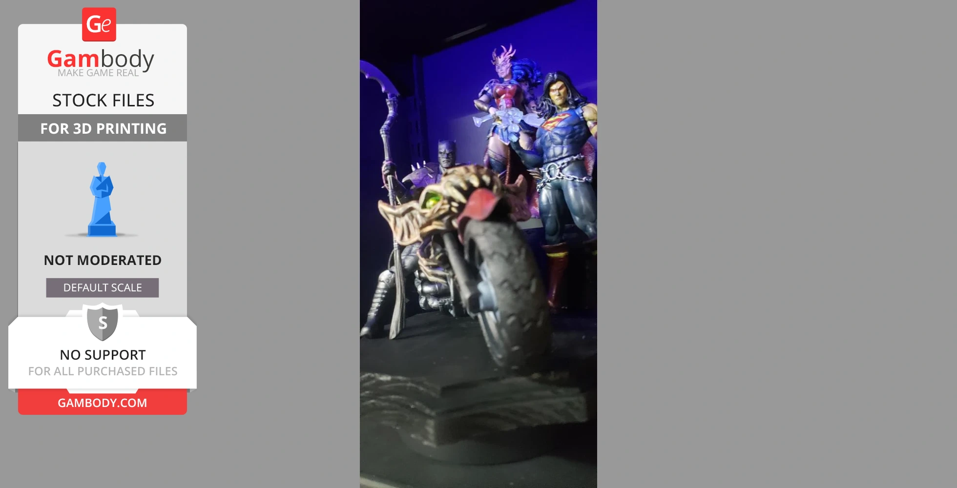 3D-printed figures from 'Superman Death Metal,' including a spiked motorcycle and two characters in dynamic poses.