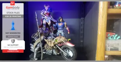 Three detailed superhero figurines, including Superman, posed with a demonic-themed motorcycle.